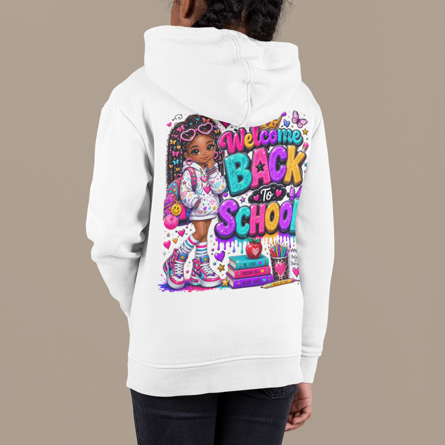 Welcome Back to School Youth Hoodie — Colorful Girl Backpack Design